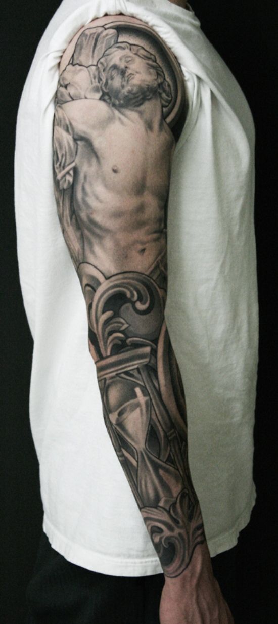 A realistic hourglass tattoo design on the full sleeve for men tattoo ideas