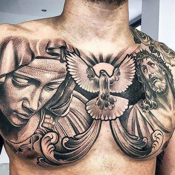 Realistic dove and Jesus religious tattoo design for men on chest tattoo ideas
