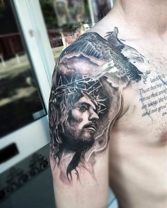 Realistic Jesus with wings tattoo design for men on arm and shoulder tattoo ideas