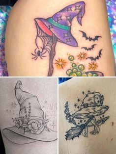 Witch hat and floral tattoo design for women on thigh tattoo ideas