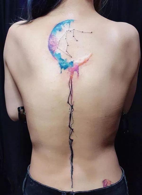 Watercolor moon and Gemini tattoo design for women on back tattoo ideas