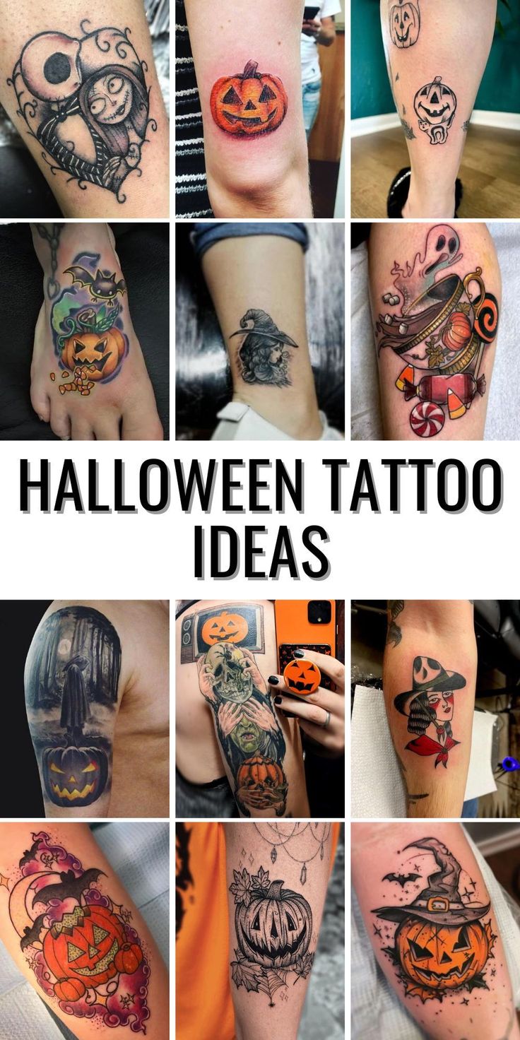 Halloween pumpkin and bat tattoo designs for Men and Women on arm and forearm, ghost and skull tattoo ideas