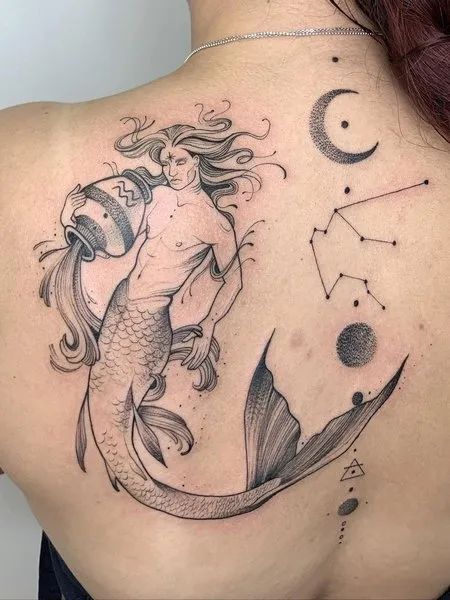 Sketch Aquarius and moon tattoo design for women on back tattoo ideas