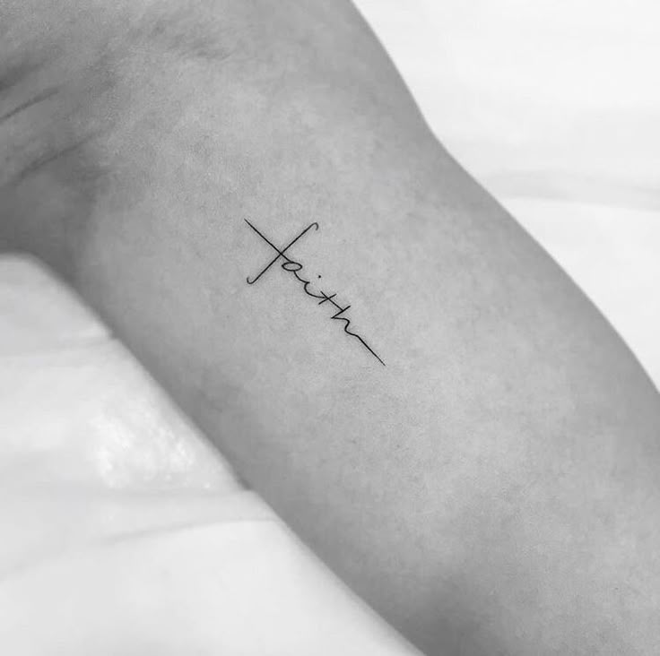 Fine line faith and cross tattoo design for women on arm tattoo ideas