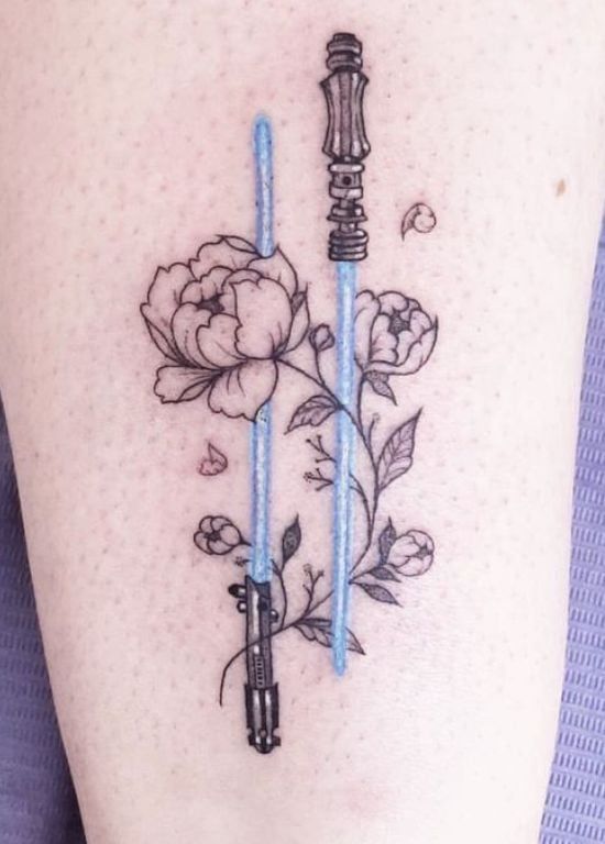 Fine Line flower and Star Wars tattoo design for women on leg tattoo ideas