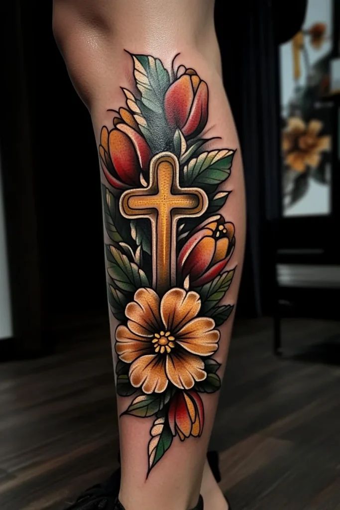Traditional cross and floral tattoo design for women on leg tattoo ideas