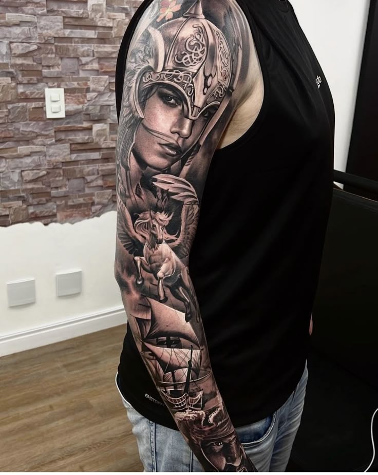 Realistic Pegasus and ship tattoo design for men on full sleeve tattoo ideas