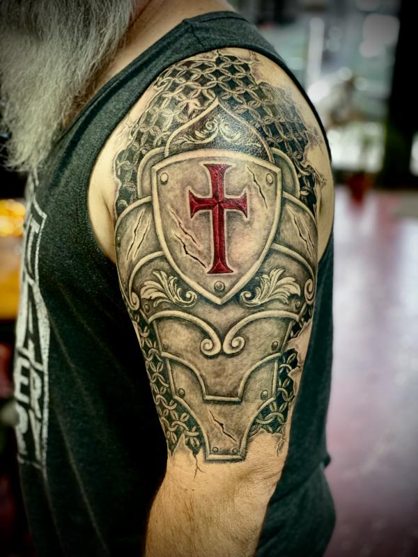 Black and Grey cross tattoo design for men on arm tattoo ideas