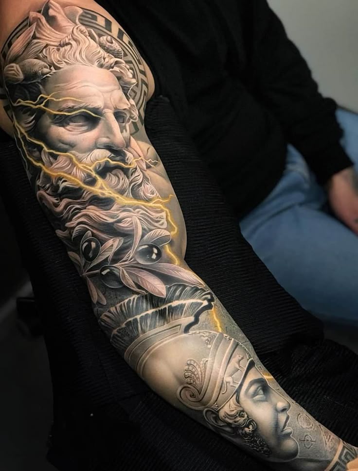 A realism Greek warrior tattoo design with lightning on full sleeve for men tattoo ideas