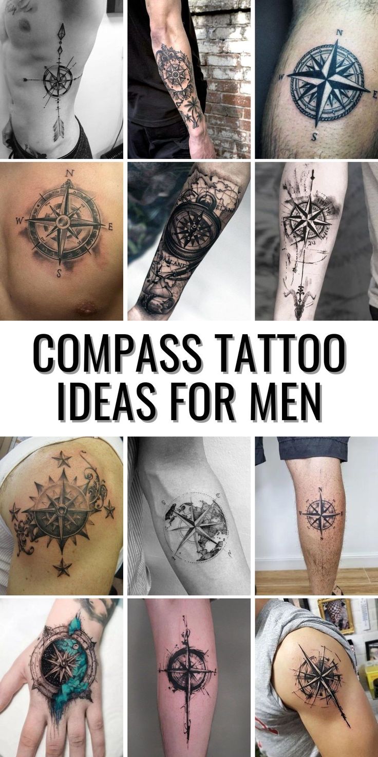 Compass tattoo design for men with realism, blackwork and tribal styles on forearm, rib, chest, arm and leg tattoo ideas