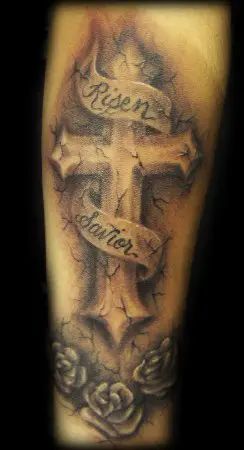 Realistic cross and rose tattoo design with quote for men and women on arm tattoo ideas