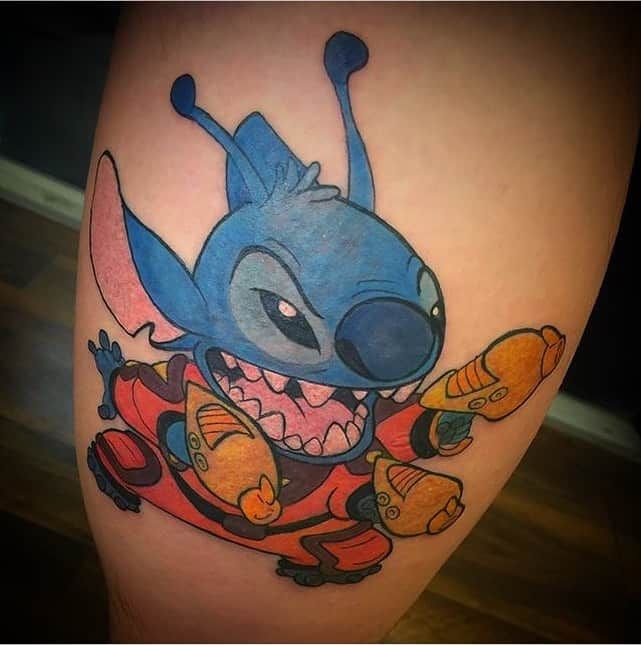 New School Stitch tattoo design for men and women on thigh tattoo ideas