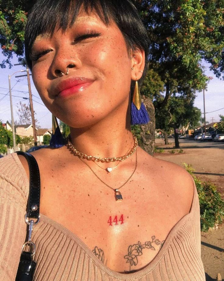 Minimalist 444 and flower tattoo design for women on chest tattoo ideas