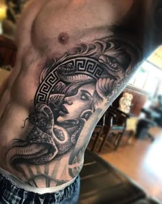 Black and grey Medusa and Greek tattoo design for men on rib, chest and upper arm tattoo ideas