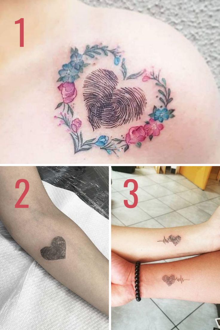 Fine line heart and fingerprint tattoo designs with floral and heartbeat elements for women and men on shoulder, forearm, and wrist tattoo ideas