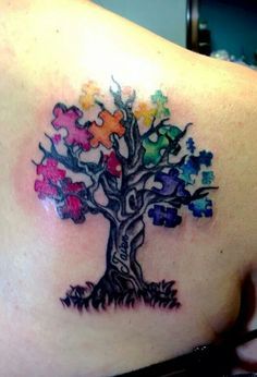 Sketch tree and autism awareness tattoo design for women on shoulder tattoo ideas
