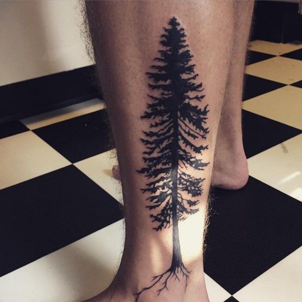 Blackwork tree tattoo design for men on leg tattoo ideas