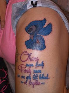New School Stitch and quote tattoo design for women on thigh tattoo ideas
