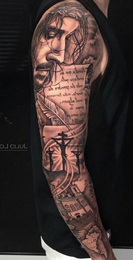 Realistic Jesus and cross tattoo design for men on full sleeve with quotes tattoo ideas
