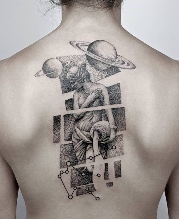 Dotwork Aquarius, Sun and moon, Space tattoo design for women on back tattoo ideas