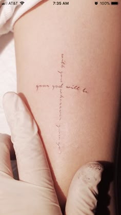 Fine Line cross with quotes and religious tattoo design for women on forearm tattoo ideas