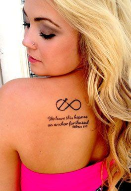 Fine line infinity, anchor and quotes tattoo design for women on shoulder tattoo ideas