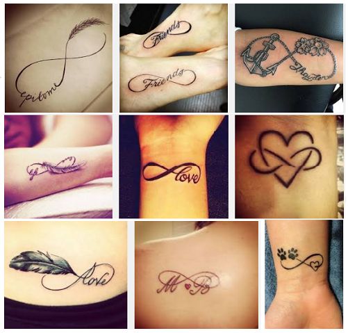 Fine line infinity symbol with feather and heart tattoo design for women on forearm, wrist, and back tattoo ideas