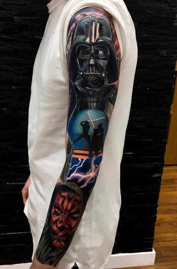 Realistic Star Wars full sleeve tattoo design for men depicting Darth Vader and Darth Maul fighting, with lightning effects tattoo ideas