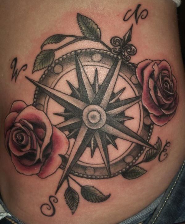 Realistic rose and compass tattoo design for women on hip tattoo ideas