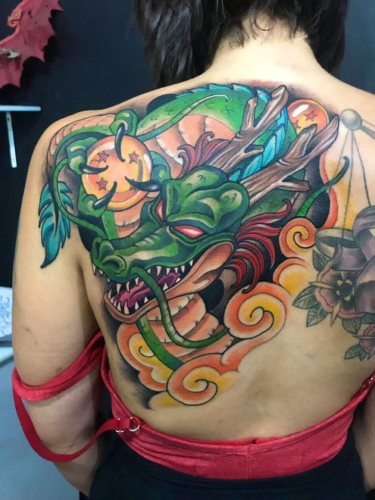 Traditional dragon and dragon ball tattoo design for women on back tattoo ideas