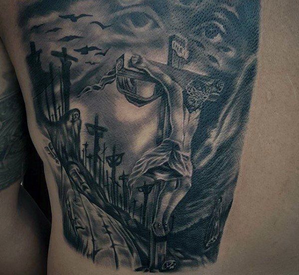 Realistic Jesus and Christian cross tattoo design for men on chest tattoo ideas
