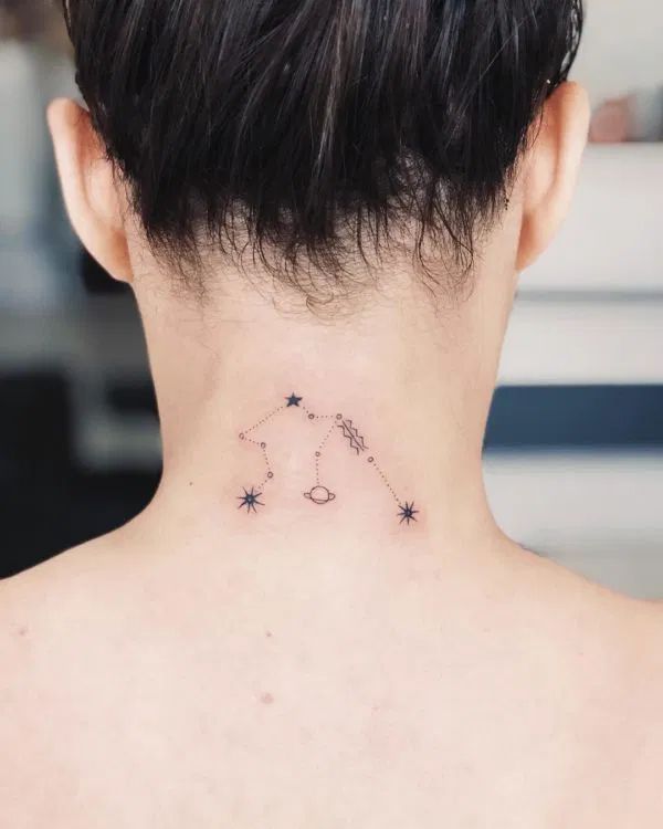 Minimalist Aquarius and star constellation tattoo design for women on the neck tattoo ideas