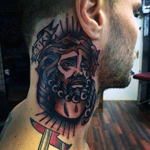 Traditional Jesus tattoo design for men on neck tattoo ideas