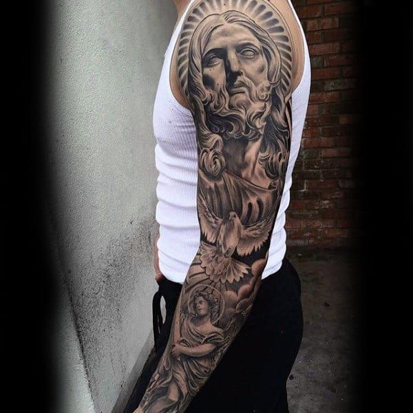 Realistic Jesus, angel, and dove full sleeve tattoo design for men tattoo ideas