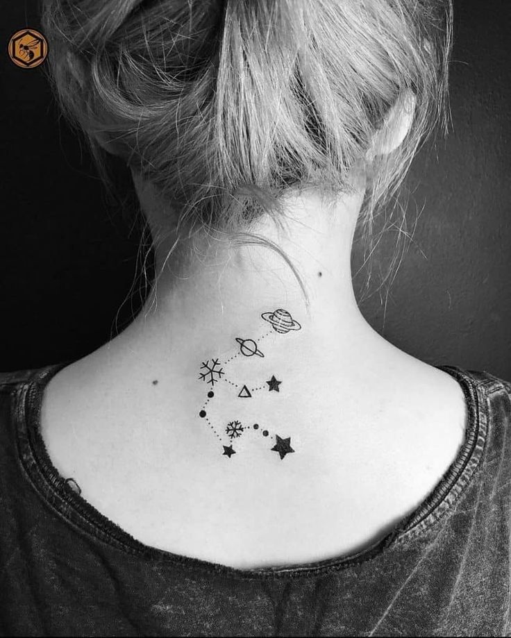 Minimalist star, space, and planet tattoo design for women on neck tattoo ideas