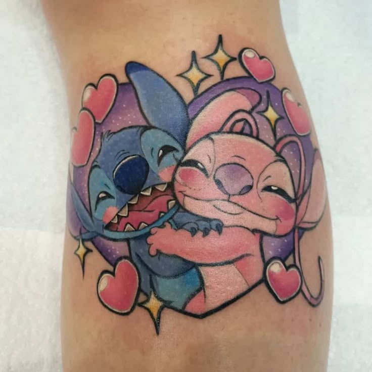 Cute Stitch and heart tattoo design for women on leg tattoo ideas