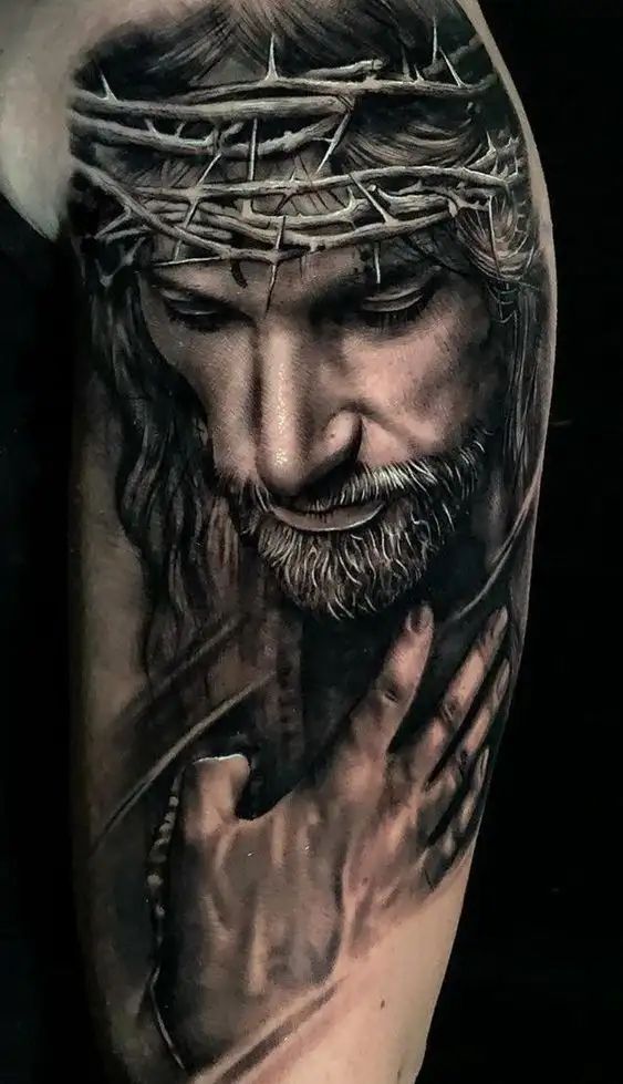Realistic Jesus and crown tattoo design for men on arm tattoo ideas