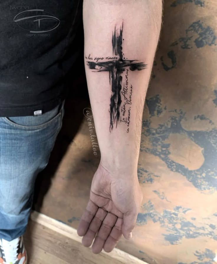 Blackwork cross with quote tattoo design for men on forearm tattoo ideas