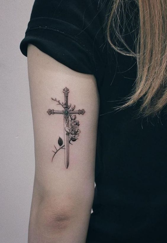 Fine Line rose and sword tattoo design for women on arm tattoo ideas
