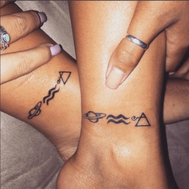 Minimalist Aquarius tattoo design for women with planet, sun, and moon elements tattoo ideas