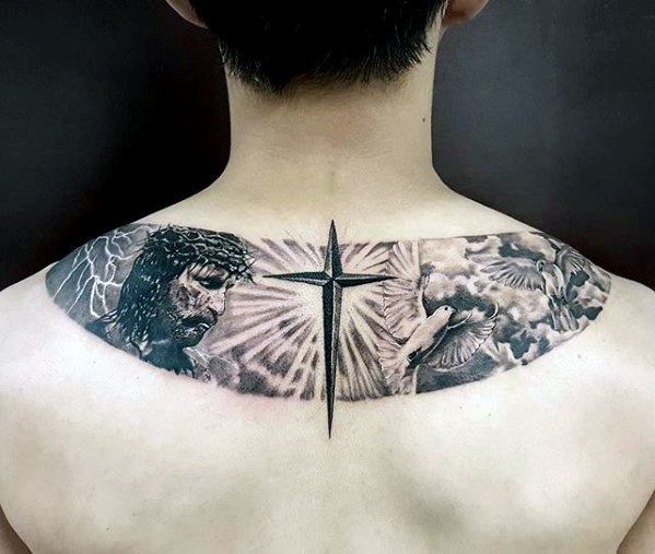 Realistic Jesus, cross, and dove tattoo design for men on back tattoo ideas