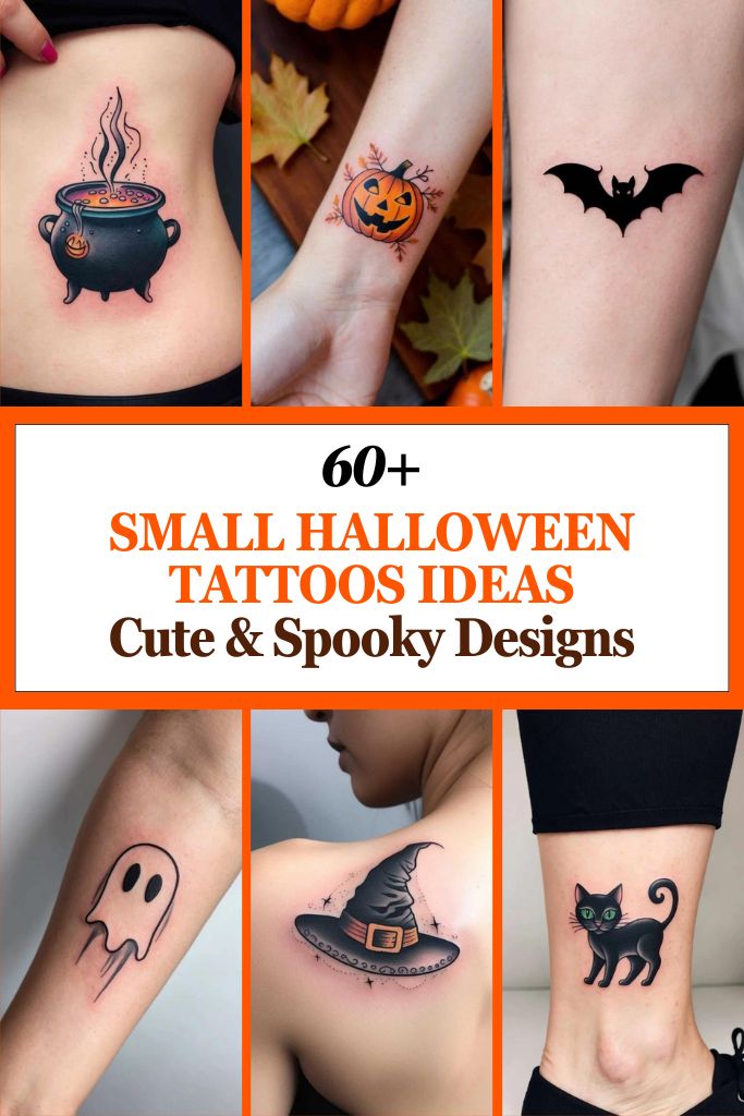 Cute and spooky Halloween tattoo idea for women featuring a ghost on the forearm, a witch hat tattoo design on the back, a black cat ankle tattoo, and a rib tattoo idea tattoo ideas