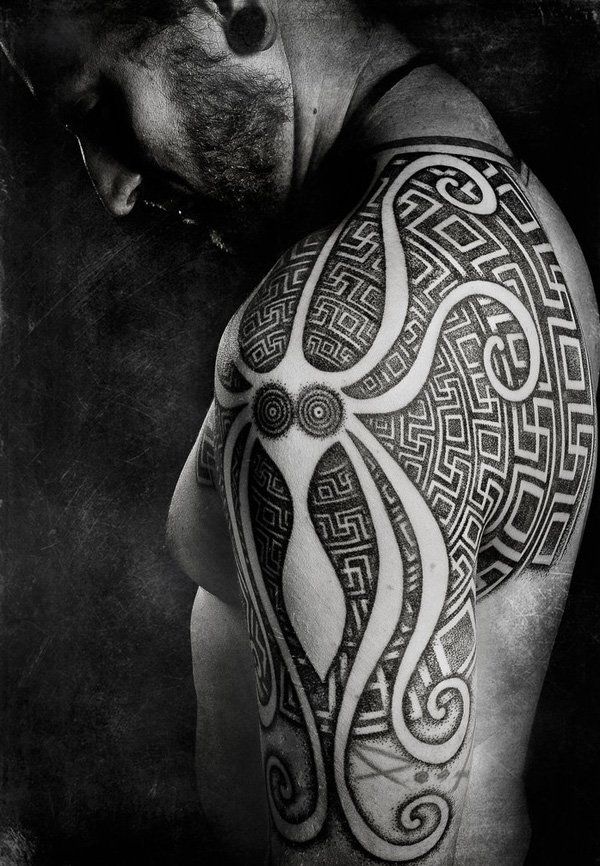 Tribal octopus tattoo design for men on arm and shoulder tattoo ideas