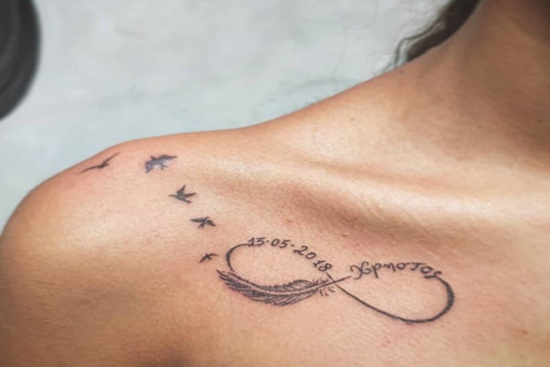 Fine Line infinity, feather, and bird tattoo design for women on chest and shoulder tattoo ideas