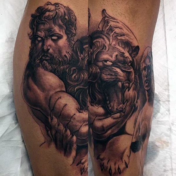 Realistic lion and warrior tattoo design for men on leg tattoo ideas