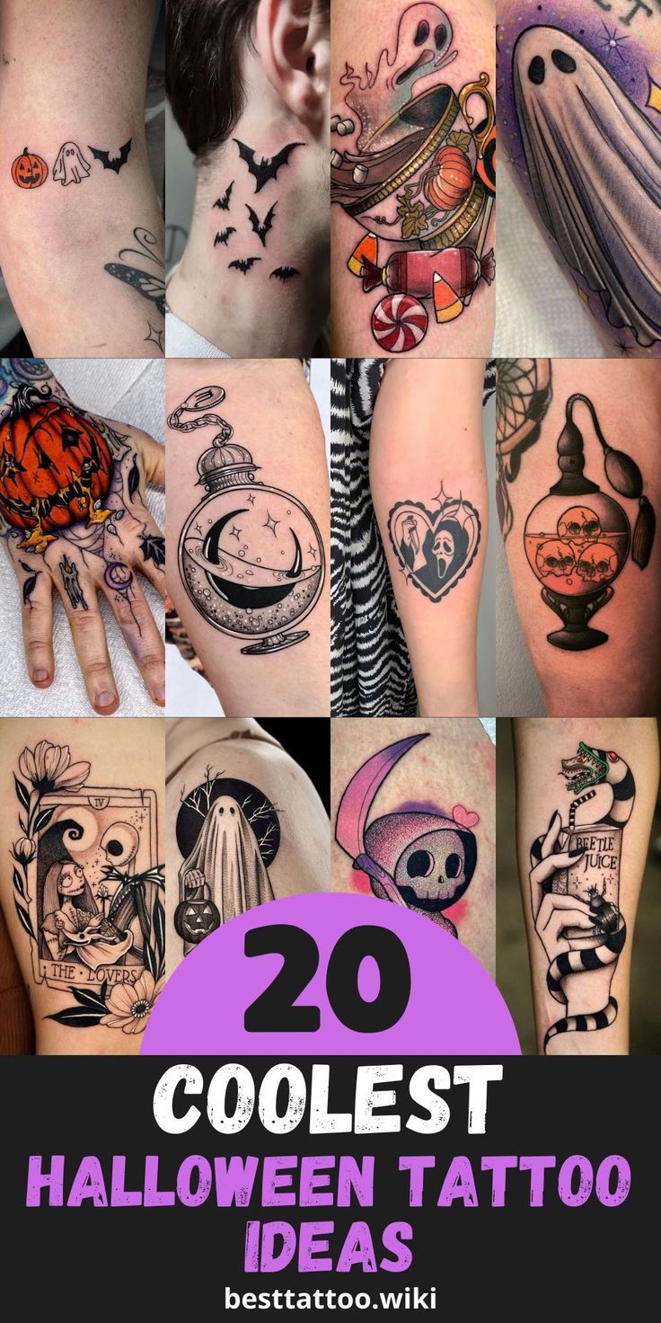Halloween-themed sketch tattoo ideas featuring pumpkins, ghosts, bats, and skulls on hands and arms for men and women tattoo ideas