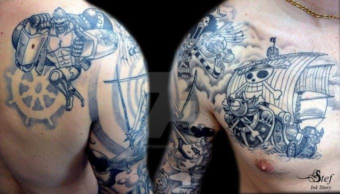 Black and Grey One piece ship tattoo design for men on chest and upper arm tattoo ideas