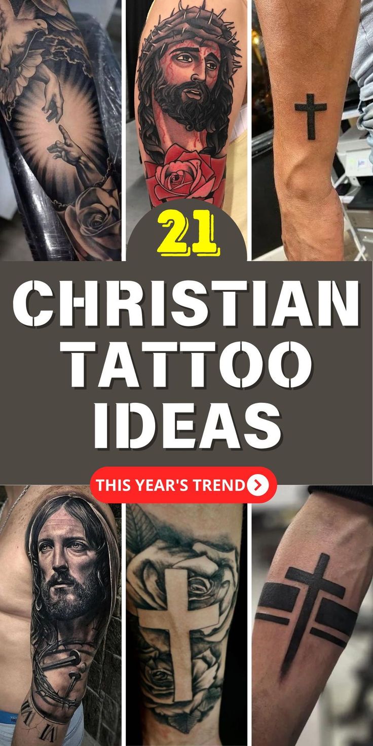 Christian tattoo design featuring realism and black and grey styles with cross, rose, and Jesus for men and women on arm and forearm tattoo ideas