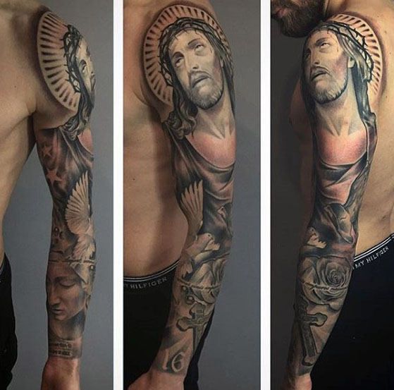 Realistic Jesus and dove full sleeve tattoo design for men tattoo ideas
