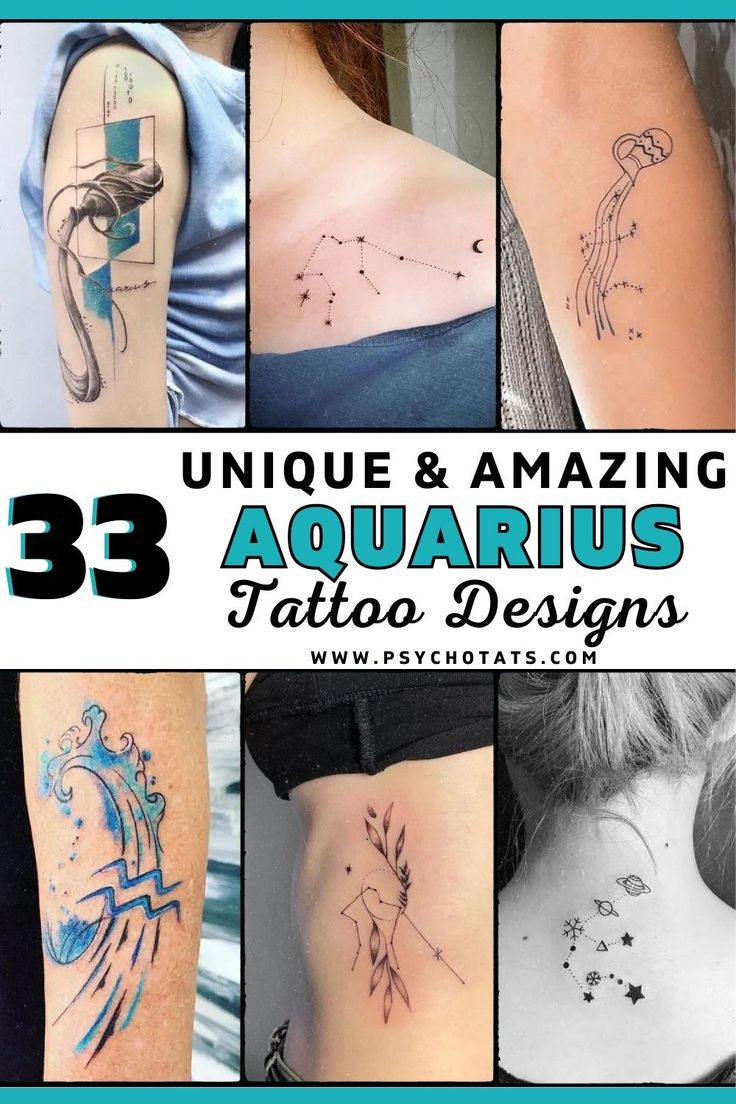 Fine line and watercolor Aquarius tattoo designs for women on arm, shoulder, and neck tattoo ideas